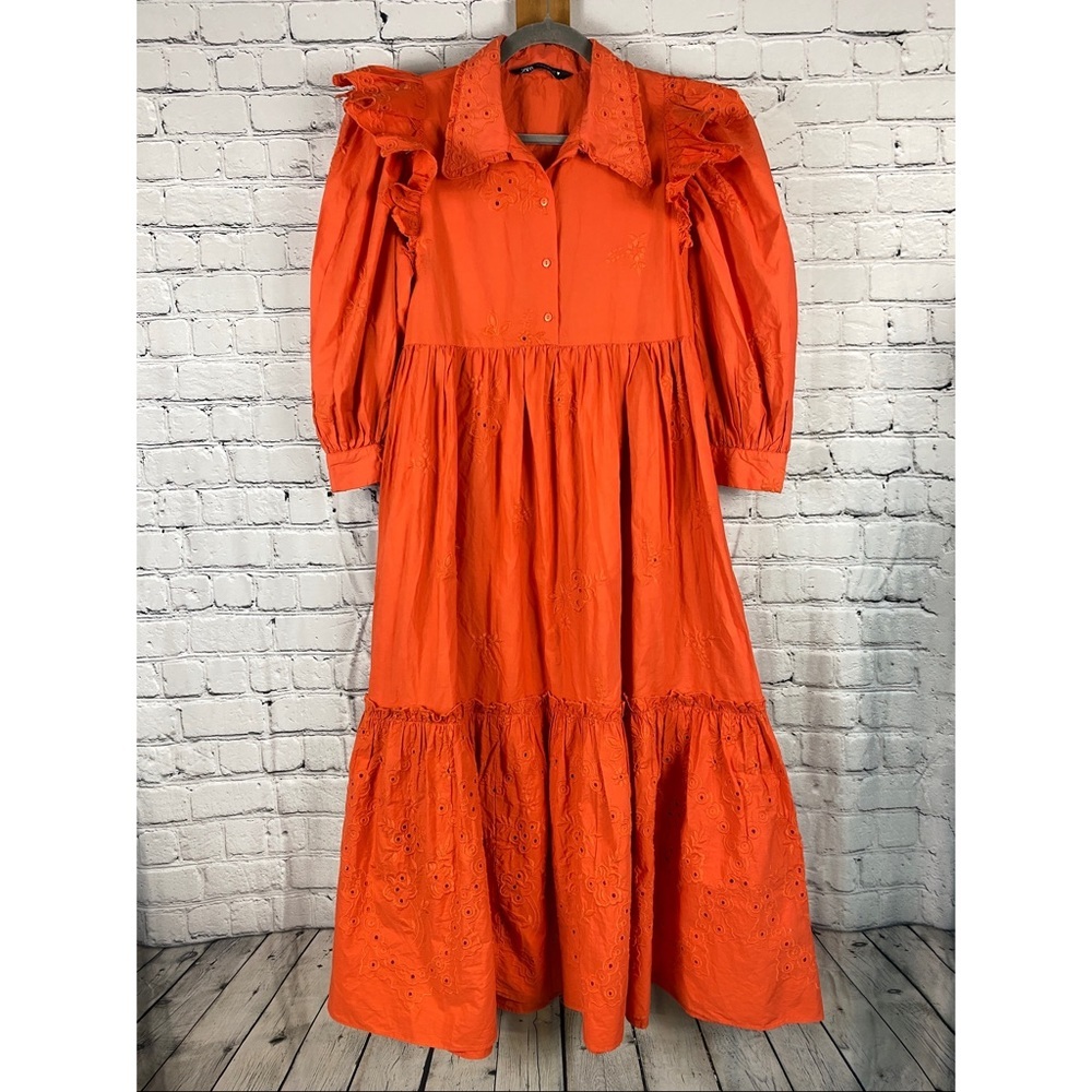Zara Poplin Embroidered Midi Dress Eyelet Ruffled Puff Sleeve Orange